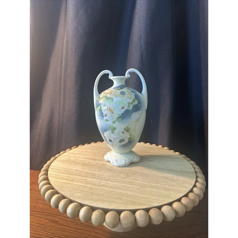Nippon Double Handle Vase Blue Green yellow Flowers Antique